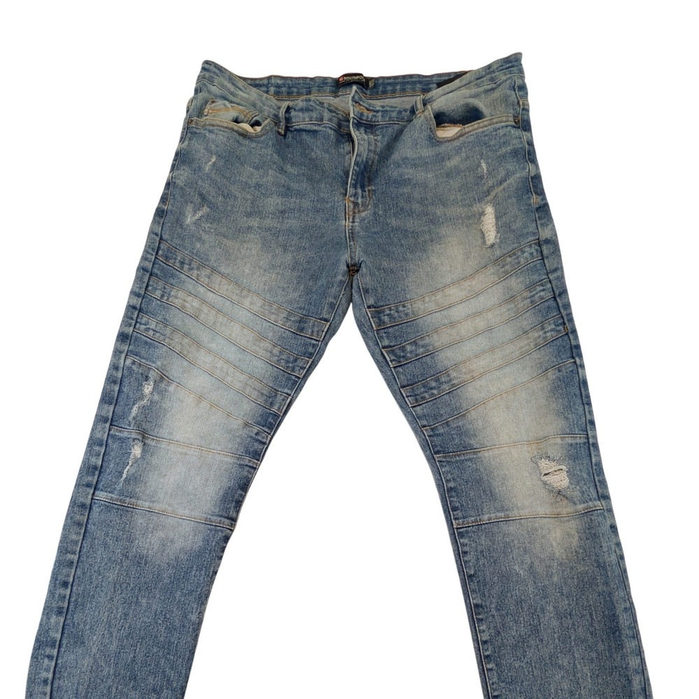 Southpole Mens Skinny Moto Jeans 40x32 Distressed Blue Denim Streetwear Pleated